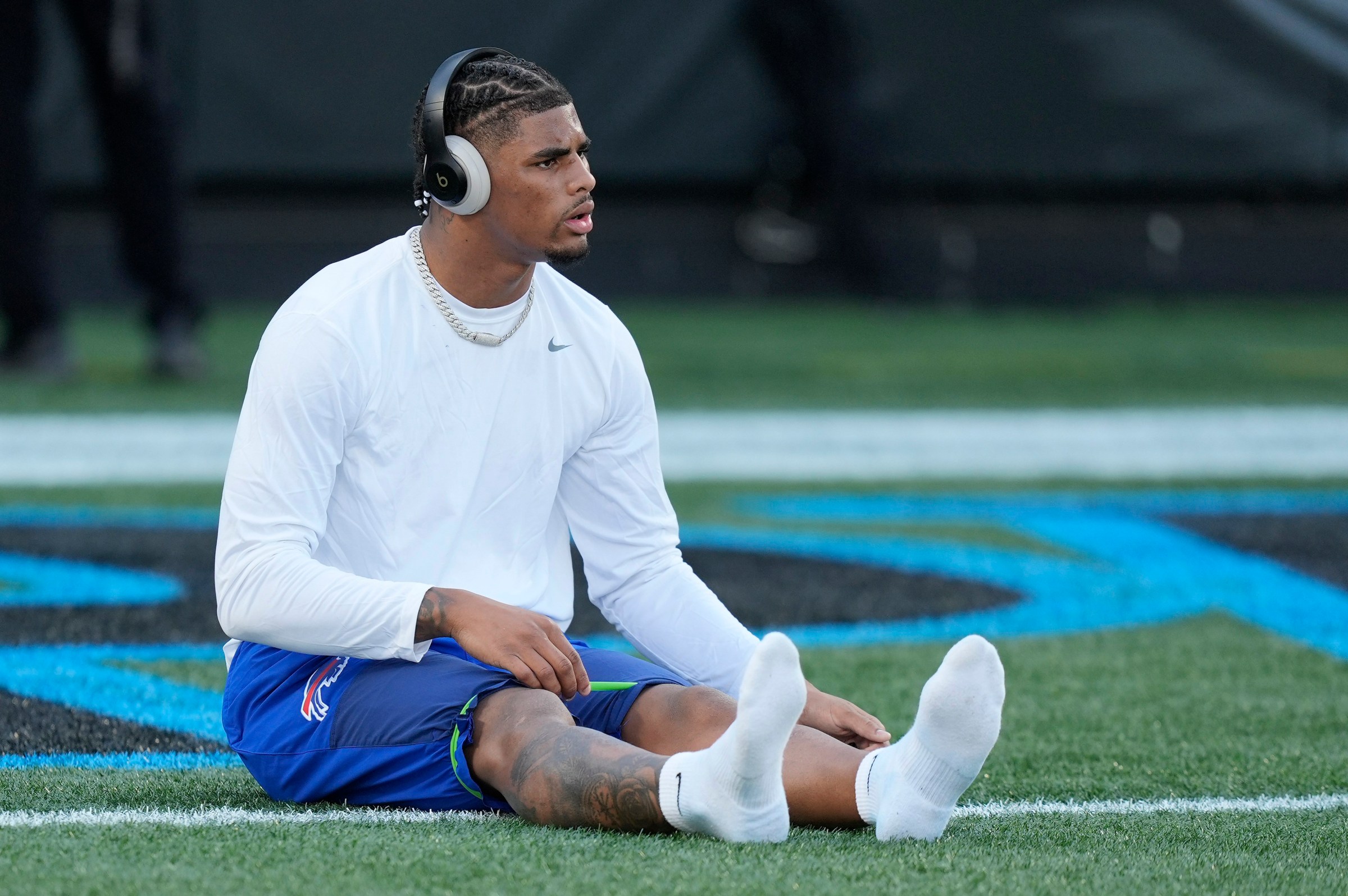 Oct 26, 2025; Charlotte, North Carolina, USA; Buffalo Bills wide receiver Keon Coleman (0) warms up before a game against the Carolina Panthers at Bank of America Stadium. Mandatory Credit: Jim Dedmon-Imagn Images
