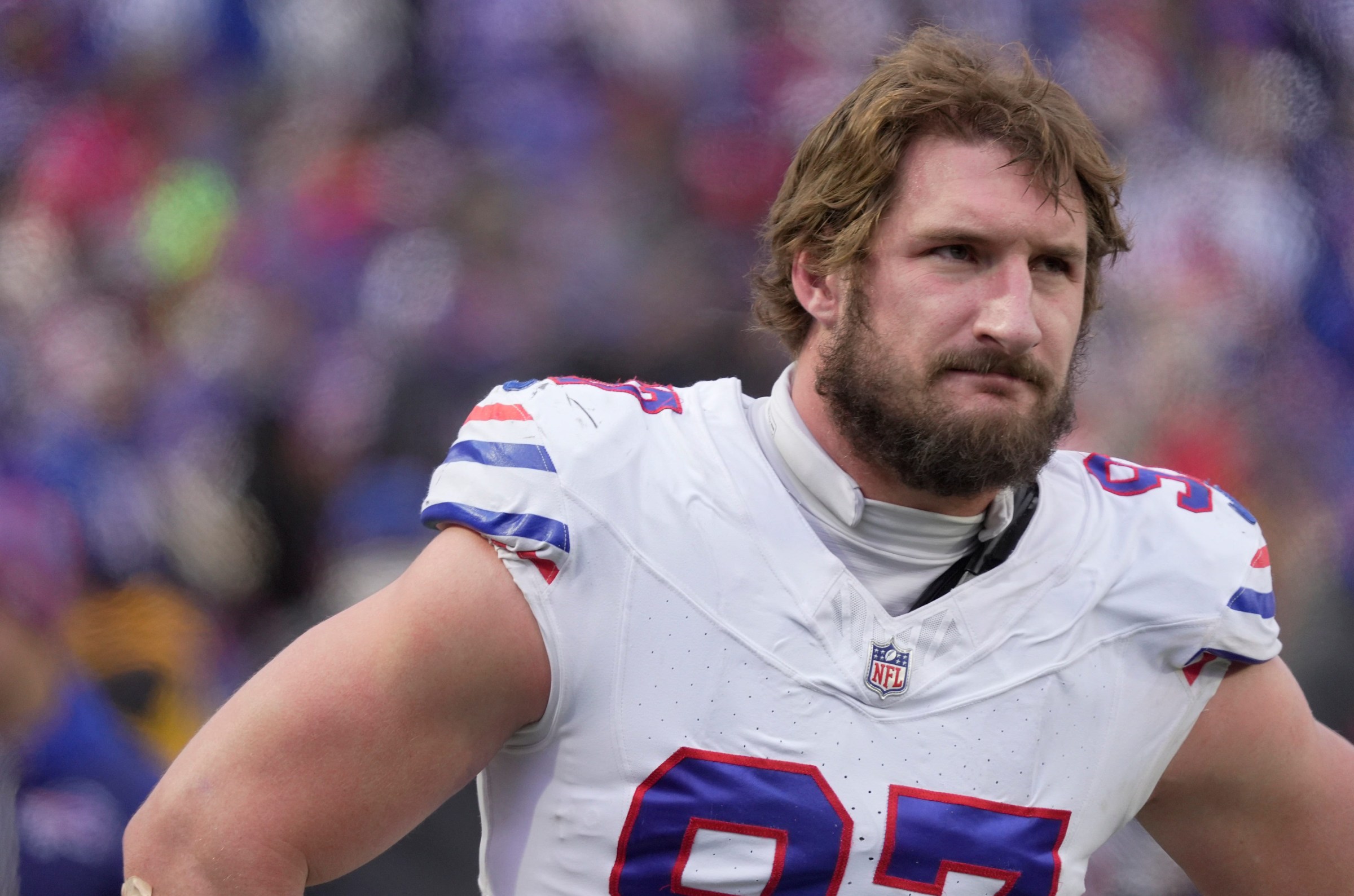Buffalo Bills defensive end Joey Bosa watches the offensive line on the field during second half action against the Tampa Bay Buccaneers on Nov 16, 2025 at Highmark Stadium in Orchard Park.