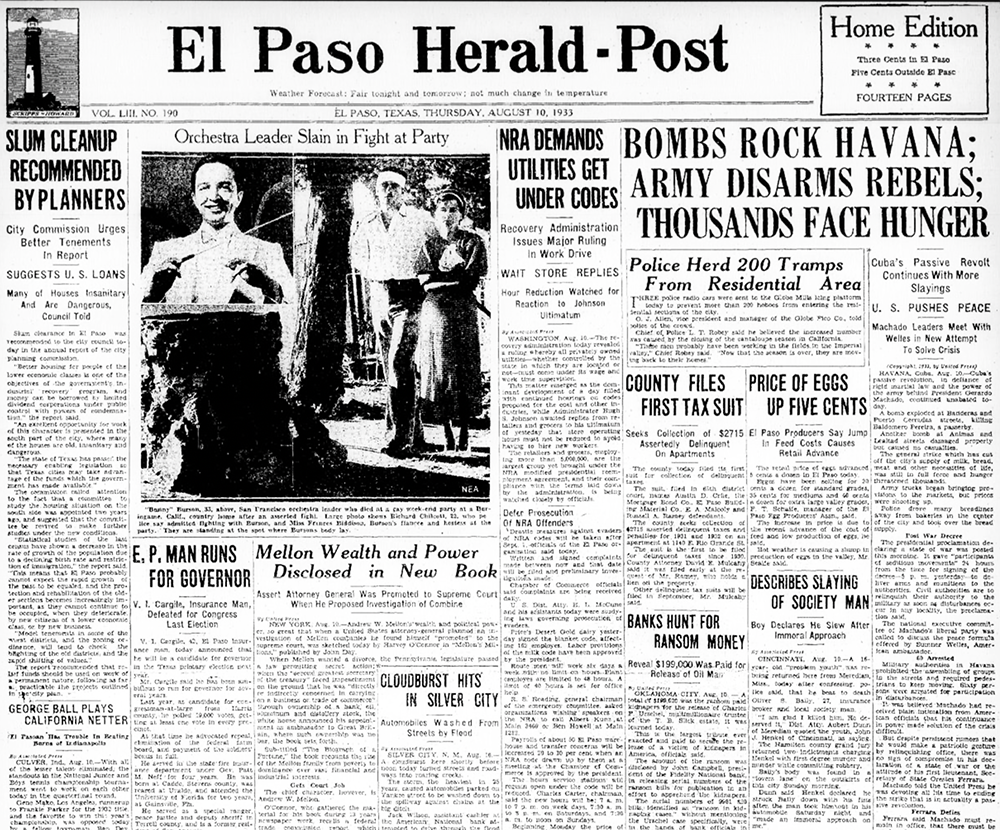 El Paso Herald Post front page, August 10, 1933.