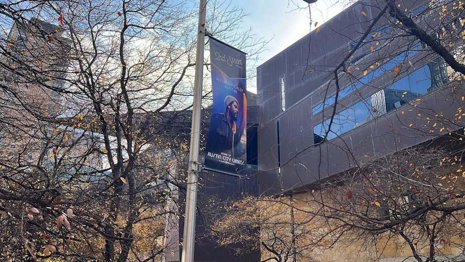 A banner of Gary Clark Jr. was installed in downtown Austin’s 2nd Street District. Several banners in the area showcase iconic Austin and Texas performers who have performed on Austin PBS’s Austin City Limits. (KXAN Photo/Abigail Jones)