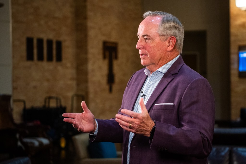 Retired General Mark A. Welsh III, then interim president of Texas A&M University, speaks at a press conference in the Flag Room of the Memorial Student Center on the A&M campus on Aug. 2, 2023.