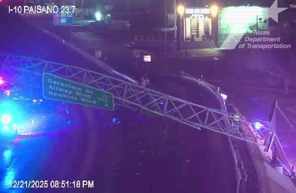 An overhead sign bridge was knocked down in a crash on Interstate 10 East near Paisano Drive before reaching the Bassett Place area in Central El Paso on Sunday night, Dec. 21, 2025.