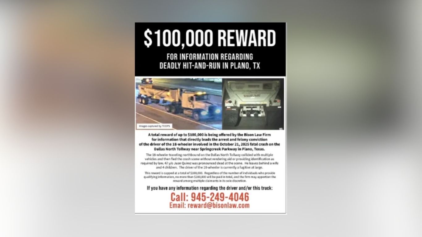 $100,000 Reward Offered To Identify Dallas 18-Wheeler Driver In Fatal Plano Hit-And-Run