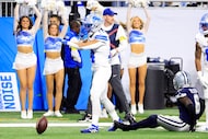Detroit Lions wide receiver Amon-Ra St. Brown (14) celebrates his big first quarter catch...