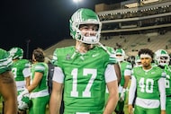 North Texas' Drew Mestemaker (17) celebrates after winning an NCAA college football game...