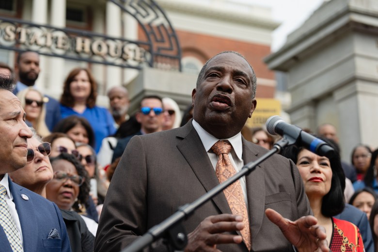 State Sen. Royce West, D-Dallas, speaks at a press conference on the front steps of the Massachusetts State House in Boston on the 60th anniversary of the Voting Rights Act on Aug. 6, 2025.