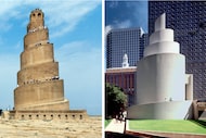 Side-by-side photographs by Carolyn Brown of the Great Mosque of Samarra, Iraq, and the...