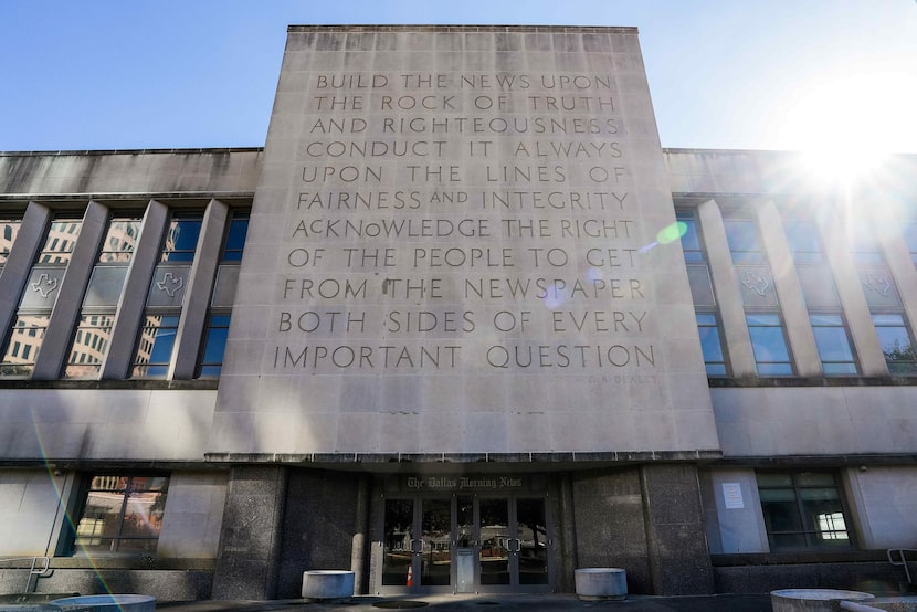 The “Rock of Truth” on the former building of The Dallas Morning News at 508 Young Street is...