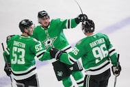 Dallas Stars right wing Mikko Rantanen (96) celebrates his third period goal with center...