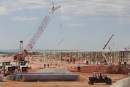 The steel frame of data centers under construction during a tour of the OpenAI data center...