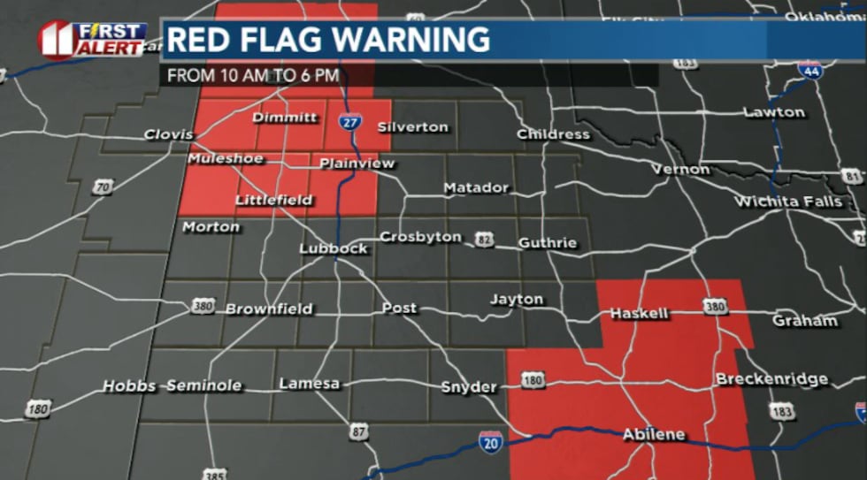 Red Flag Warning in effect for highlighted areas until 6 pm today. Expect elevated fire danger...
