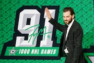 Dallas Stars center Tyler Seguin (91) waves during Seguin’s 1000th games ceremony before an...