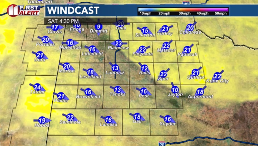 Computer model projection of wind speed Saturday