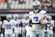 Dallas Cowboys cornerback Trevon Diggs (7) warms up before an NFL football game against the...