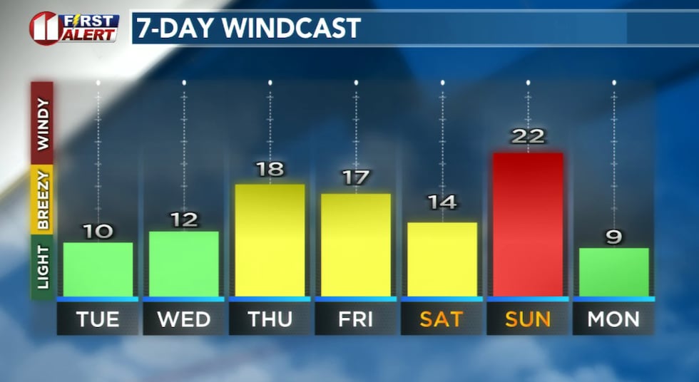 Forecast peak sustained winds are shown in this graph. Peak gusts will exceed the values shown...