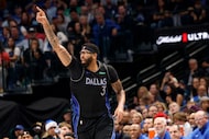 Dallas Mavericks forward Anthony Davis (3) gestures after scoring against Denver Nuggets...