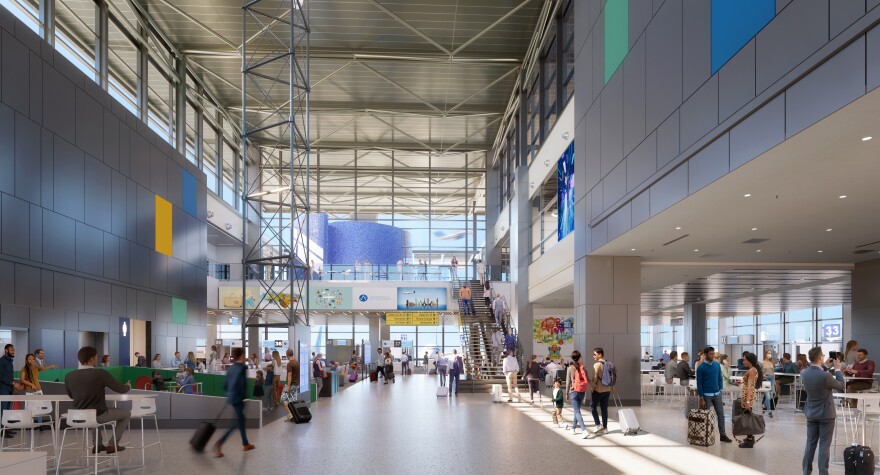 An expansion on the west end of the Barbara Jordan Terminal is set to open in the spring. A children's play area is depicted on the left with green walls. The large staircase leads up to the mezzanine area with the meditation/quiet space and public outdoor balcony overlooking downtown Austin.