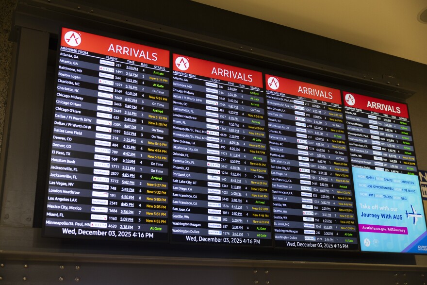 The arrivals and departures board at Austin-Bergstrom International Airport. The date at the bottom reads Wed, December 3, 2025 at 4:16 p.m. 