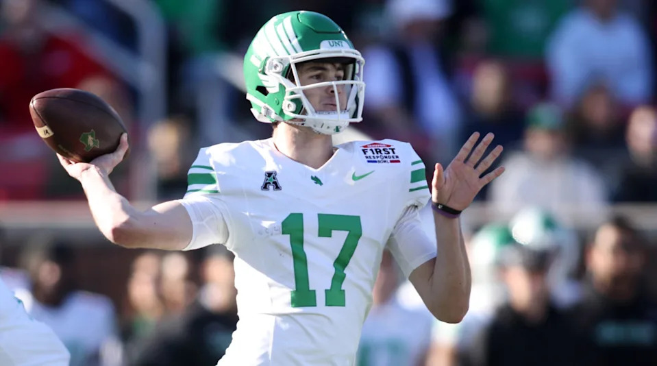 Jan 3, 2025; Dallas, TX, USA; North Texas Mean Green quarterback Drew Mestemaker (17) throws a pass during the first quarter against the Texas State Bobcats at Gerald J. Ford Stadium. Mandatory Credit: Tim Heitman-Imagn Images© Tim Heitman-Imagn Images