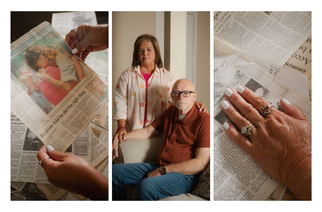 Lavonda Koons, 65, and her husband, Richard Koons, 64, pose for a portrait at their home in Mesquite, on Thursday, August 7, 2025. The couple survived the 1987 flood that killed 10 campers from Pot O' Gold Ranch, a Christian youth camp in Kerr County. At the time, Richard was a youth pastor who drove the bus that was caught by the rising river, and Lavonda was a youth camp counselor.