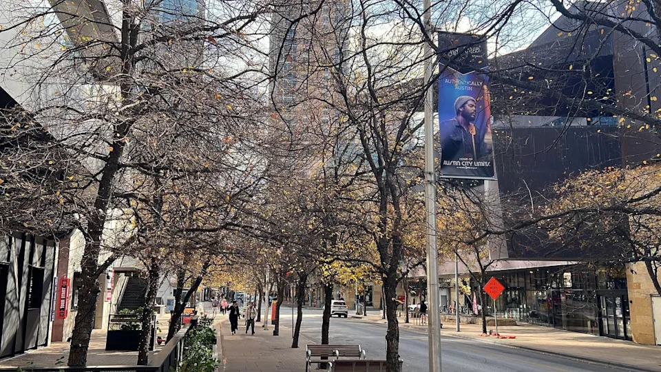 A banner of Gary Clark Jr. was installed in downtown Austin’s 2nd Street District. Several banners in the area showcase iconic Austin and Texas performers who have performed on Austin PBS’s Austin City Limits. (KXAN Photo/Abigail Jones)