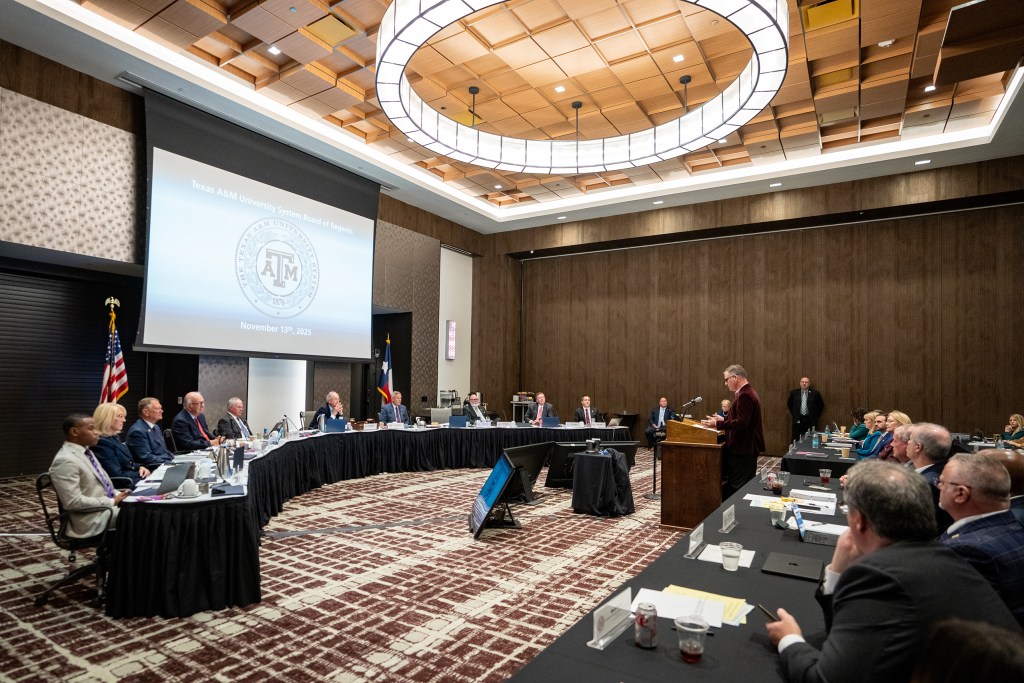 The Texas A&M University System Board of Regents listens to public comment during a regents meeting the Texas A&M Hotel and Conference Center in College Station on Thursday, Nov. 13, 2025.