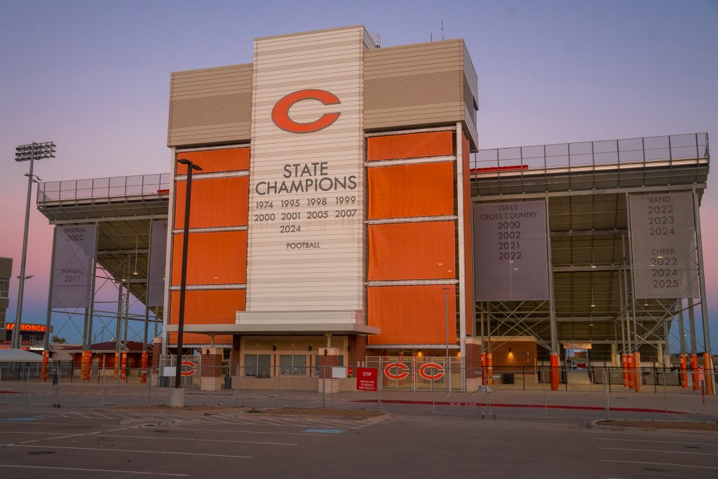 Celina High School Stadium on November 21, 2025. The head coach for the Celina Bobcats Bill Elliot has been a part of the schools football program since 1993, now his legacy is at odds with the community with his son being the center of a child sexual abuse case that includes 38 victims within Celina ISD. Johnathan Johnson for The Texas Tribune.