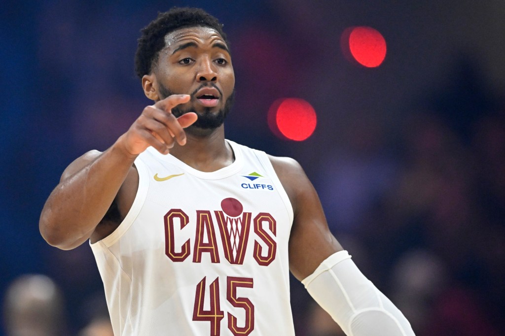 Cleveland Cavaliers guard Donovan Mitchell (45) reacts in the first quarter against the Portland Trail Blazers at Rocket Arena.