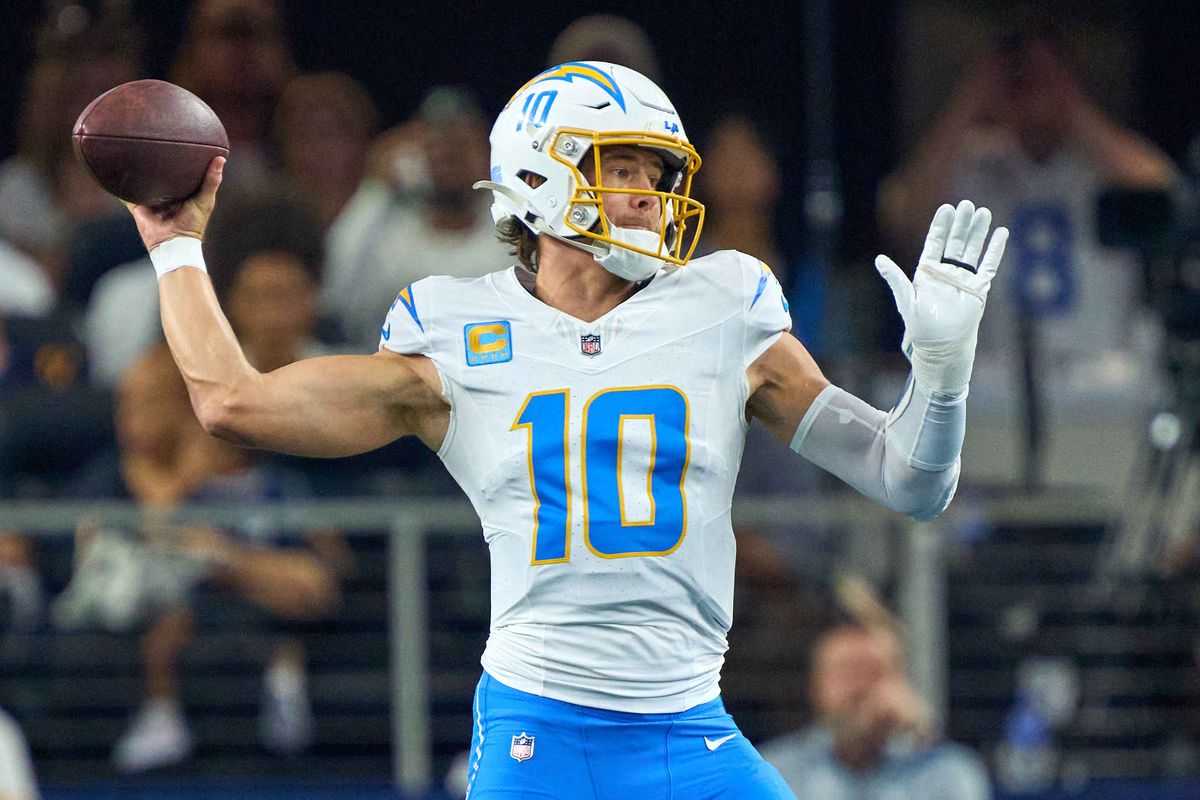 Los Angeles Chargers quarterback Justin Herbert #10 throws the football during an NFL football game against the Dallas Cowboys, on Sunday December 21, 2025 in Arlington, Texas. Los Angeles Chargers quarterback Justin Herbert #10 throws the football during an NFL football game against the Dallas Cowboys, on Sunday December 21, 2025 in Arlington, Texas.