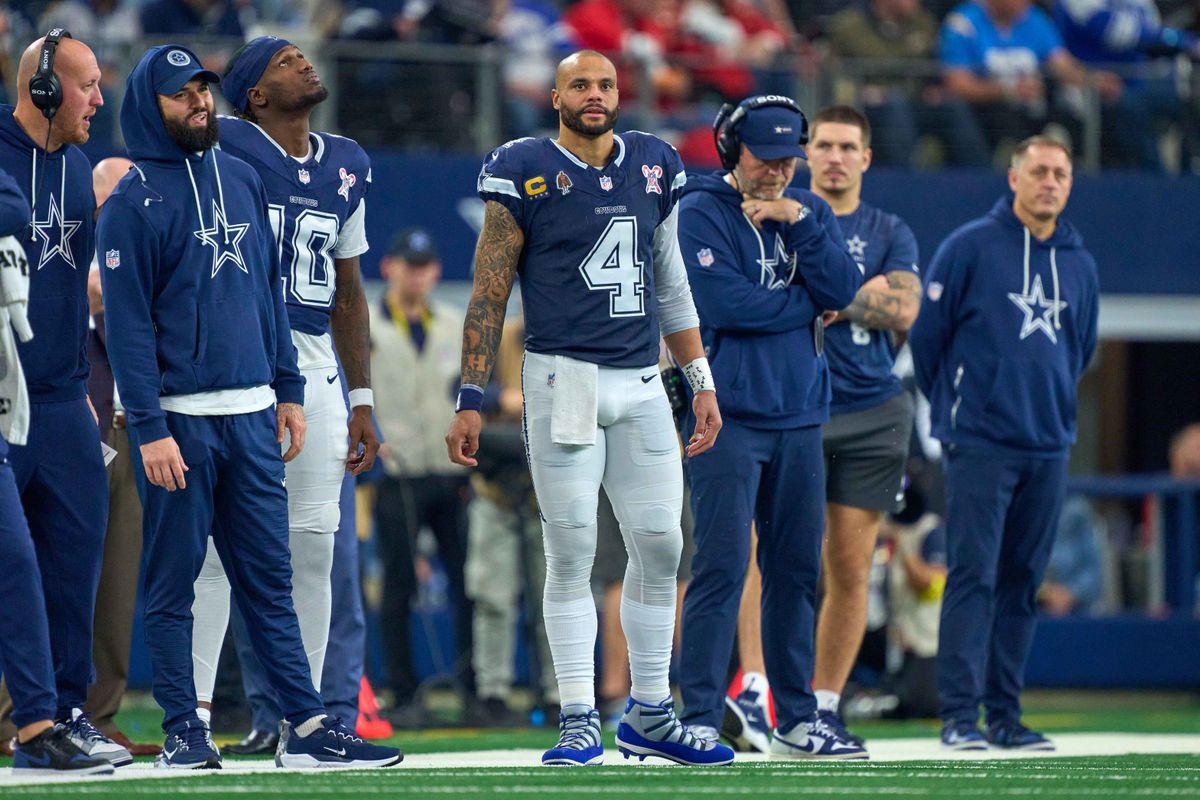 Dallas Cowboys quarterback Dak Prescott #4 looks on during an NFL football game against the Los Angeles Chargers, on Sunday December 21, 2025 in Arlington, Texas. Dallas Cowboys quarterback Dak Prescott #4 looks on during an NFL football game against the Los Angeles Chargers, on Sunday December 21, 2025 in Arlington, Texas.