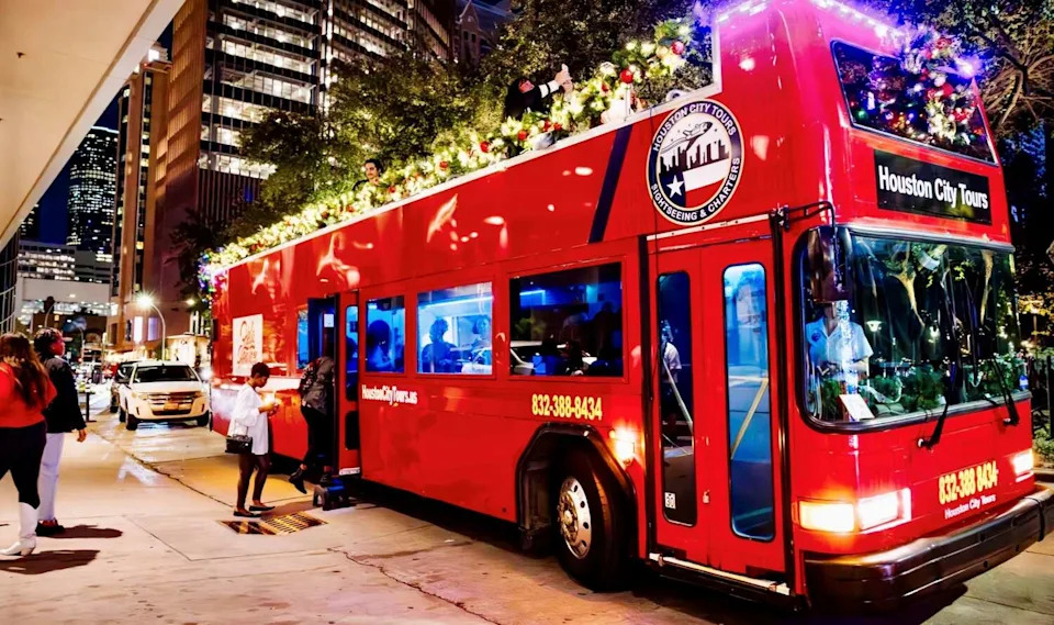 Houston City Tour's double-decker bus is decorated with holiday lights during its seasonal Holiday Lights Tour through downtown Houston. (Houston City Tours)