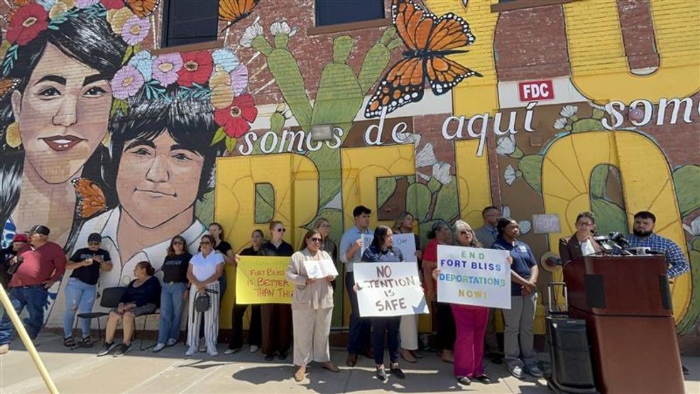 Local advocacy groups including the ACLU, gathered to speak out against Camp East Montana{ } Detention Center on Thursday, August 21, 2025. (Credit: KFOX14/CBS4){p}{/p}{p}{/p}