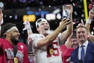 Indiana's Fernando Mendoza celebrates after the Big Ten championship NCAA college football...