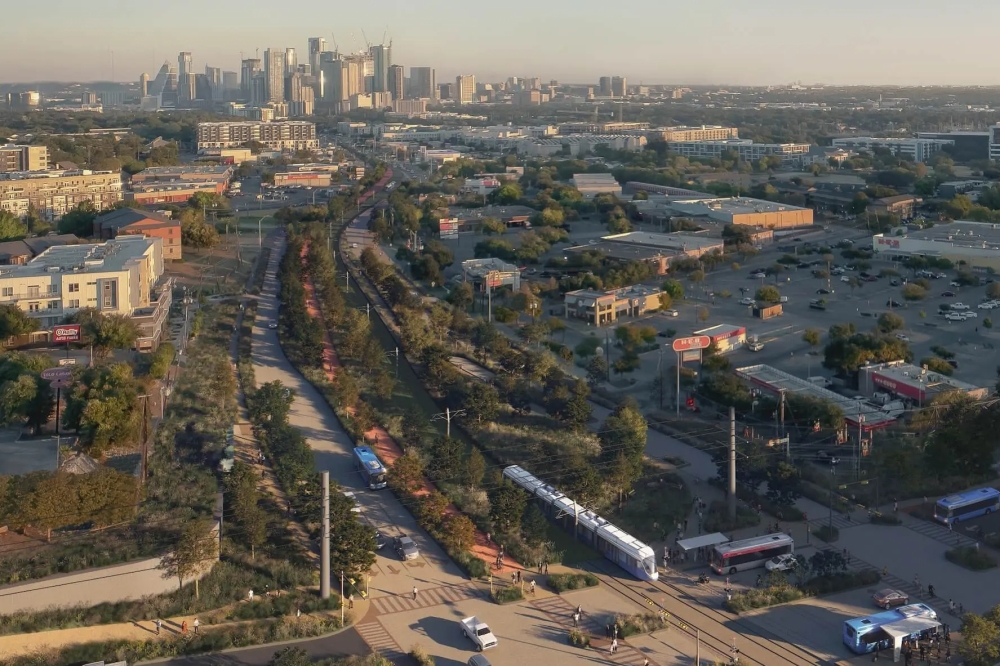 The Project Connect light rail line will extend along East Riverside Drive and include a new pedestrian and cyclist path lined with shade trees and native plants. (Artistic rendering courtesy Austin Transit Partnership)
