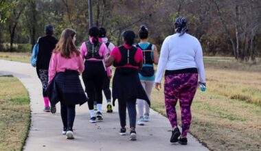A group of women walking in a park