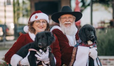 man and woman dressed as santa clause holding dogs