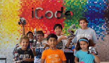 Group of children in standing in front of a brightly painted wall featuring iCode branding.