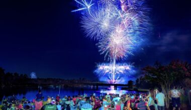 A photo of people gathering for fireworks outside.
