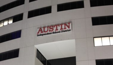 The entrance to the Austin ISD headquarters