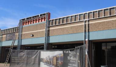 A Victory Real Estate Group banner in front of a building with construction scaffolding