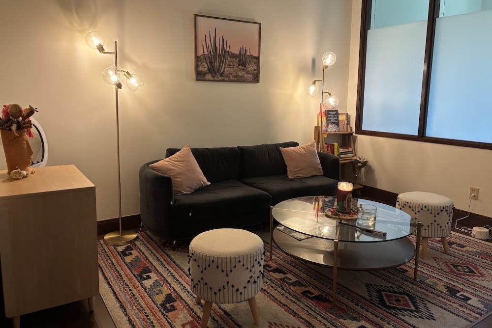 photo of a warm-lit seating area