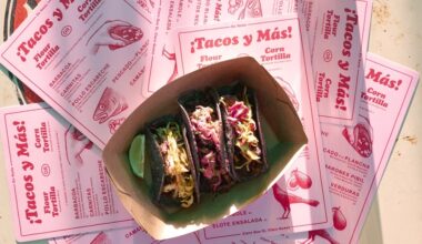 Three tacos served on top of De Nada menus