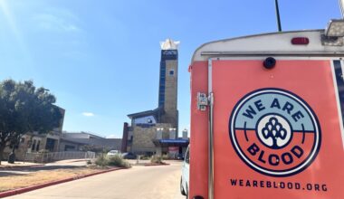 A mobile blood donation van in front of Dell Children’s Medical Center in Central Austin