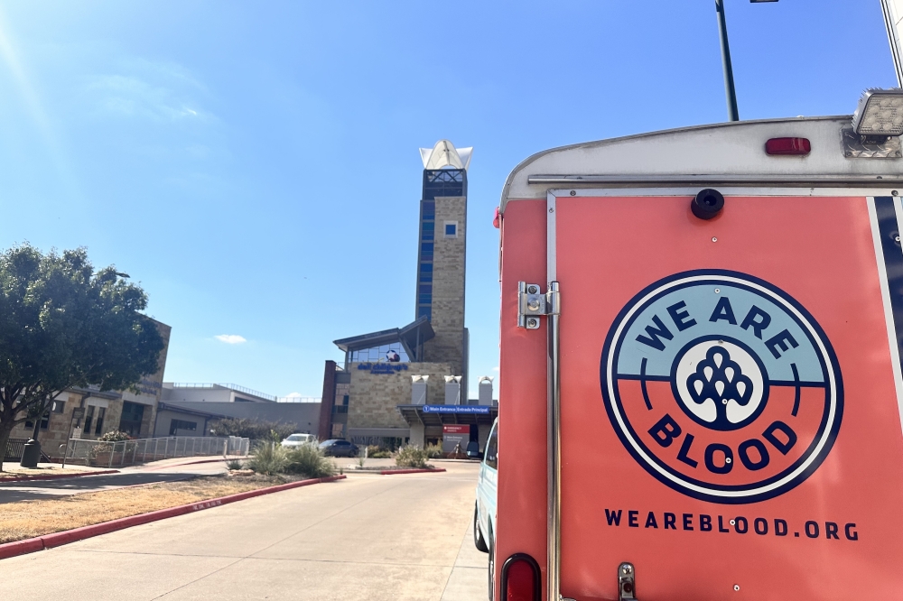 A mobile blood donation van in front of Dell Children’s Medical Center in Central Austin