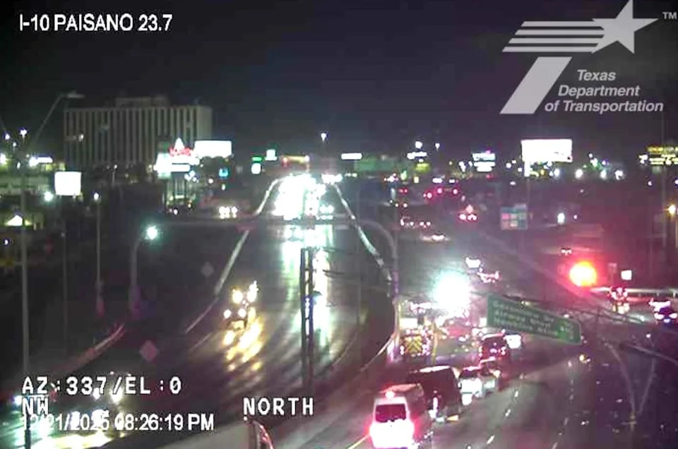 An overhead sign bridge was knocked down in a crash on Interstate 10 East near Paisano Drive before reaching the Bassett Place area in Central El Paso on Sunday night, Dec. 21, 2025.