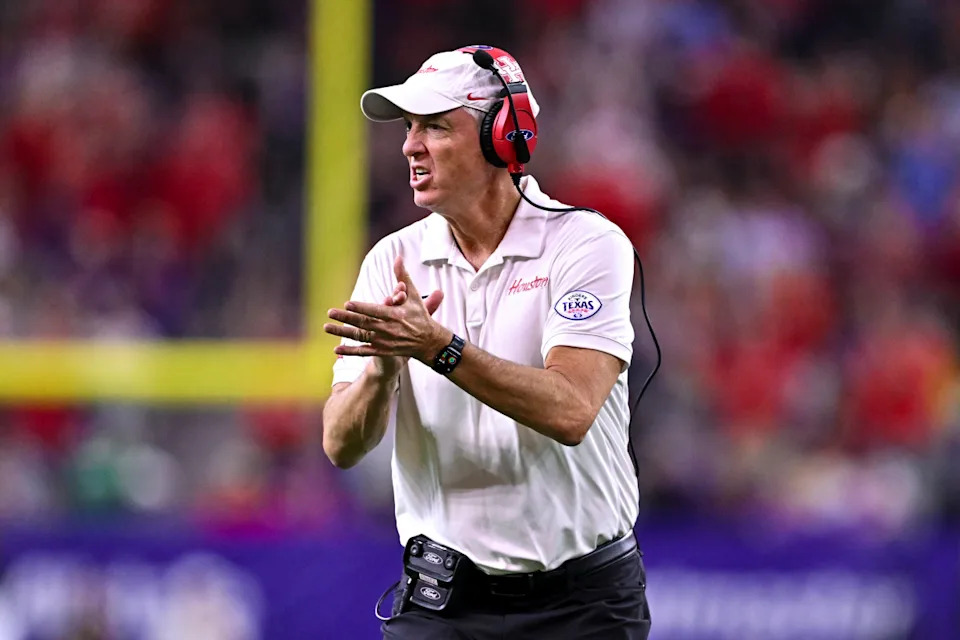 Dec 27, 2025; Houston, TX, USA; Houston Cougars head coach Willie Fritz reacts during the first half against the Louisiana State Tigers at NRG Stadium. © Maria Lysaker-Imagn Images