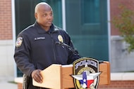 Public Information Officer Darryl Saffold speaks regarding a recent double homicide to the...