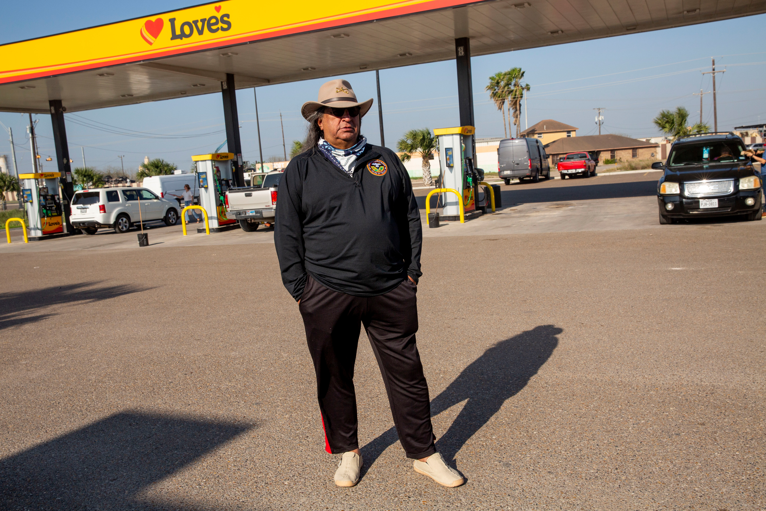 Juan Mancias stands at a gas station near Brownsville in February 2024.