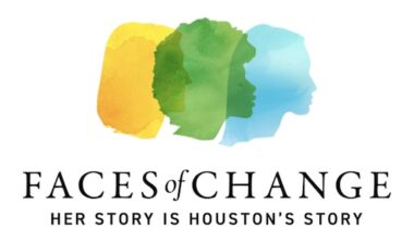 Logo for The Women's Home "Faces of Change" mural art project, featuring three female silhouettes in yellow, green, and blue watercolor.