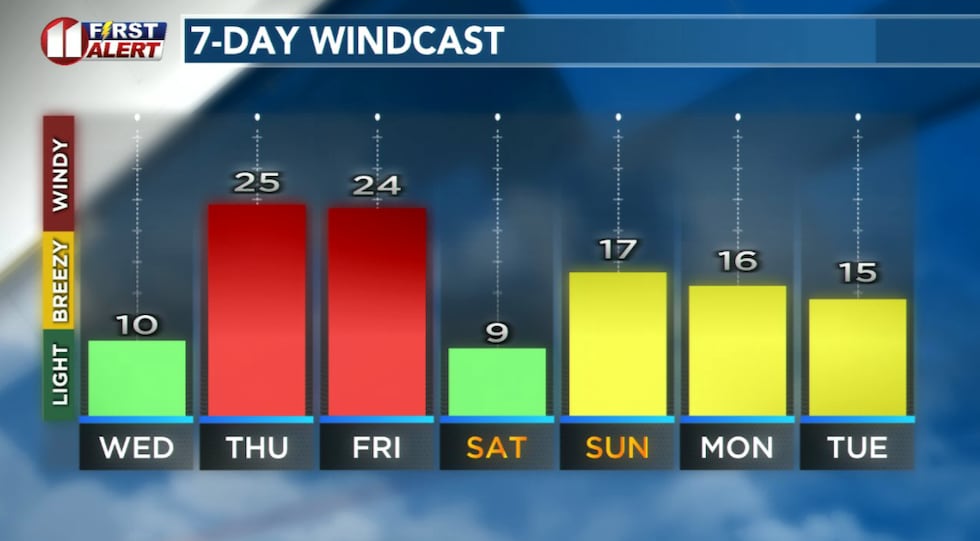 Forecast peak sustained winds are shown in this graph. Peak gusts will exceed the values shown...